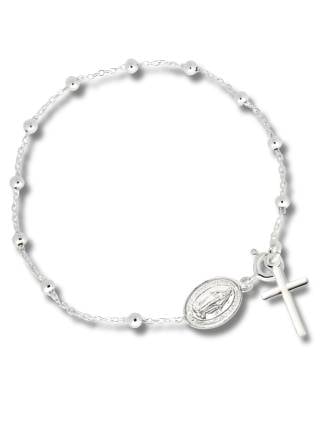 Minuto Sterling Silver Italian Rosary Bead Bracelet With Cross And Miraculous Medal