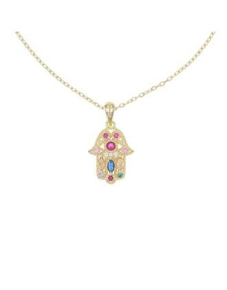 Multicolor CZ Hamsa Evil Eye Necklace Gold Plated Silver