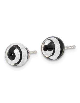Murano Glass Black and Silver Ball Stud Italian Earrings
