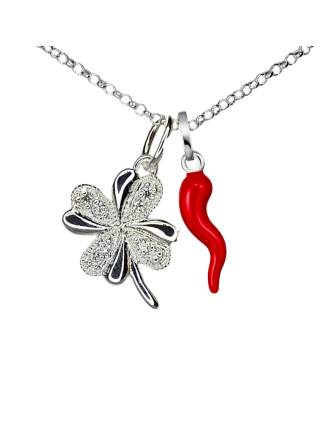 Lucky Red Cornicello and CZ Four Leaf Clover Necklace