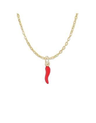 Red Enamel Italian Horn Necklace Gold Over Silver