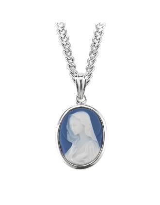 Blue Oval Madonna Italian Cameo Necklace Sterling Silver