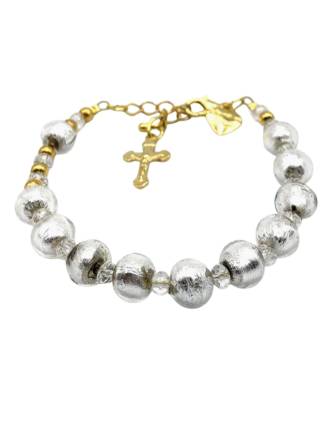 Silver and Gold Murano Glass Beaded Crucifix Bracelet