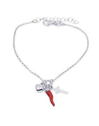 Silver Red Italian Horn Heart and Cross Charm Bracelet