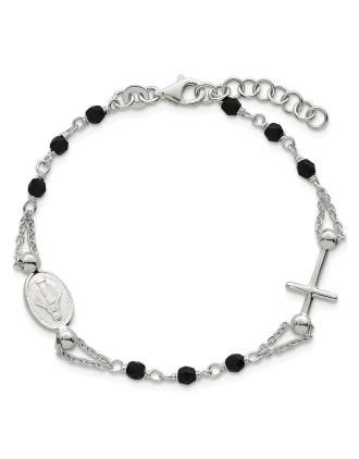Sterling Silver Black Glass Rosary Bracelet with Sideways Cross