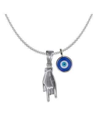 Sterling Silver Mano Cornuto Malocchio Double Charm Necklace