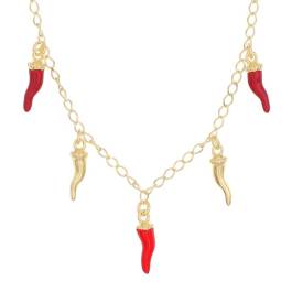 Cinque Cornicello Red and Gold Italian Horn Necklace with five horns, made in Italy
